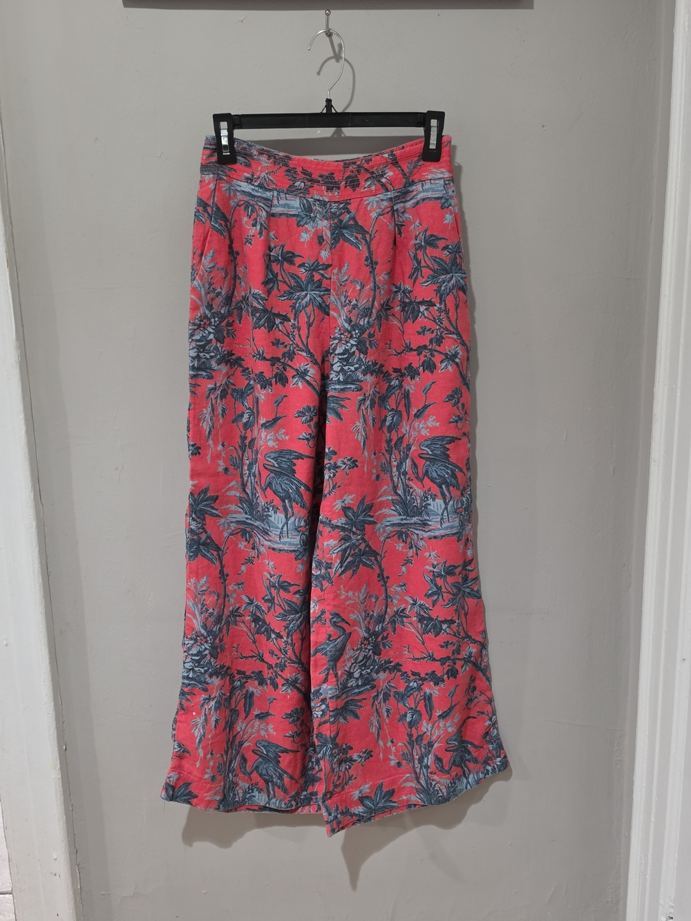 Cara Cara 100% Linen Red and Teal Floral Jacquard Wide Leg Pants
